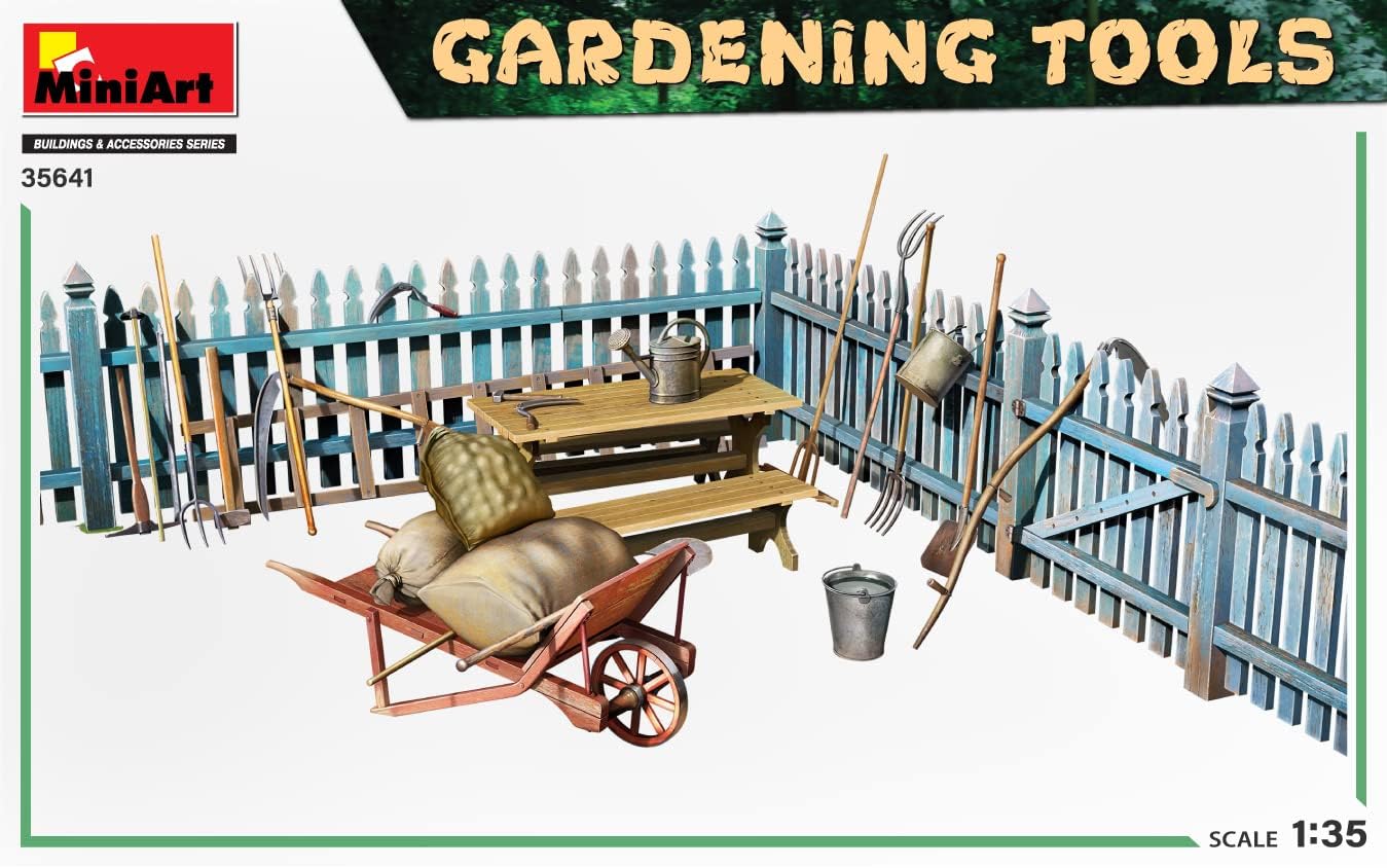 Mini Art 35641 1:35 Tuingereedschapsset, getrouwe replica, modelbouw, plastic bouwpakket, knutselen, hobby, lijmen, modelbouwset, montage, ongelakt