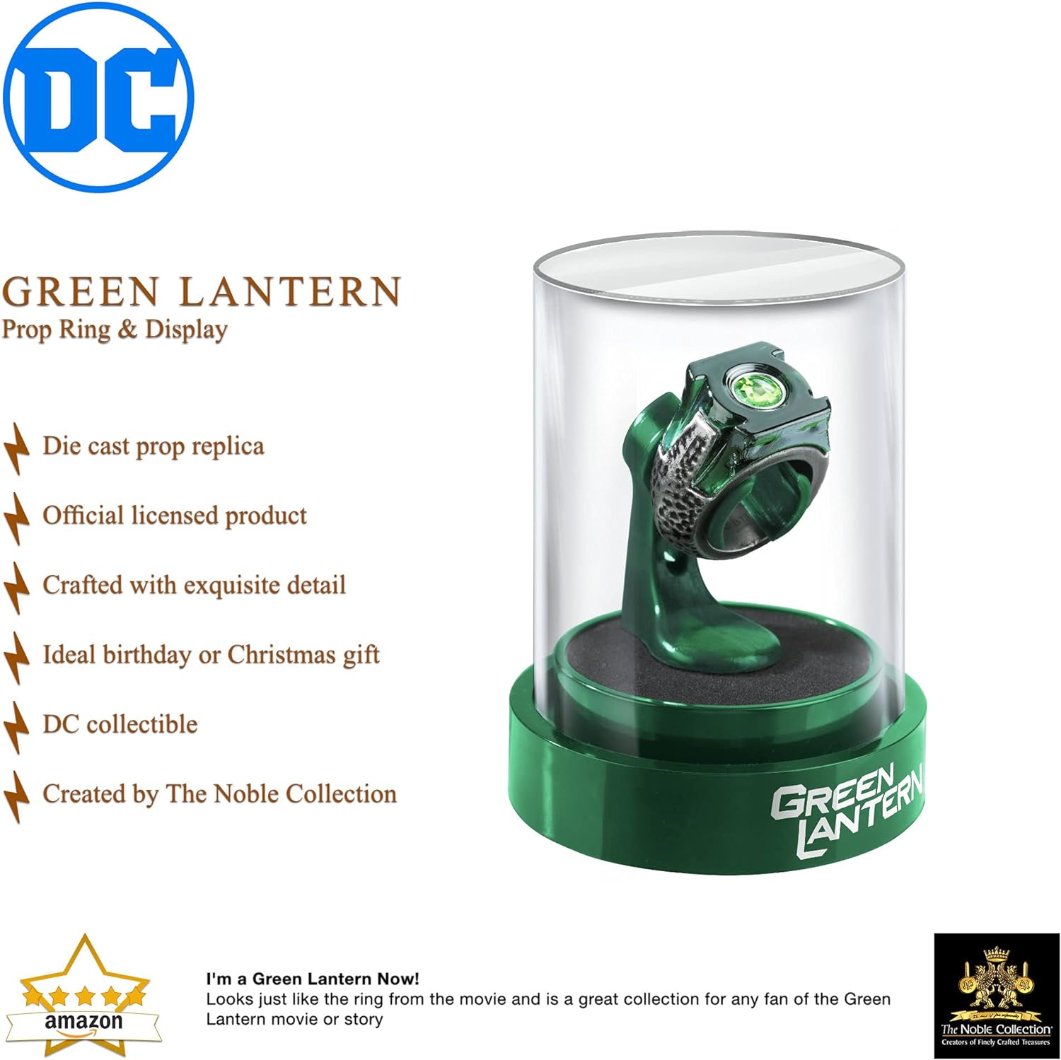 The Noble Collection DC Green Lantern Prop Ring & Display - Die Cast Metal Ring with 4in (10cm) Display Case - Officially Licensed Film Set Movie Props Gifts Jewellery