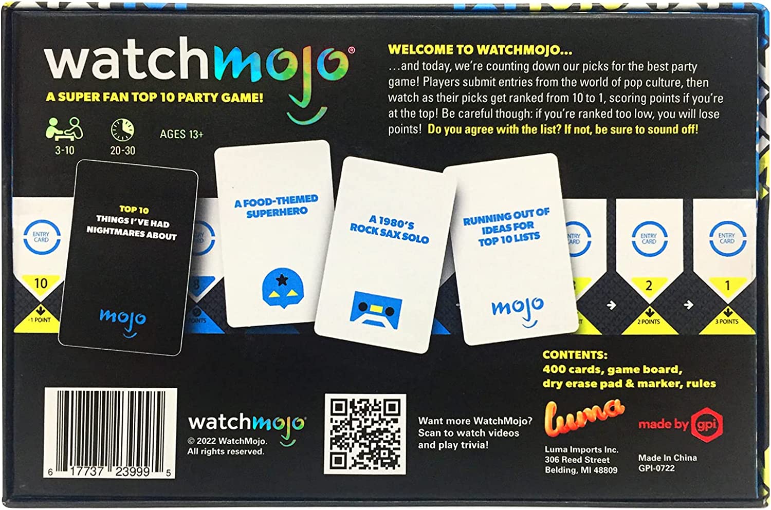 WatchMojo: A Super Fan Top 10 Party Game, 400 Cards Included, Game Board, Dry Erase Scoreboard and Marker, For 3 to 10 Players, 20 to 30 Minute Play Time, For Ages 13 and up