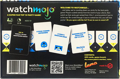 WatchMojo: A Super Fan Top 10 Party Game, 400 Cards Included, Game Board, Dry Erase Scoreboard and Marker, For 3 to 10 Players, 20 to 30 Minute Play Time, For Ages 13 and up
