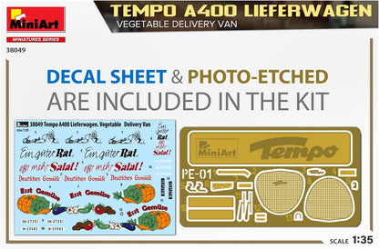 MiniArt MIN38049 1:35-Tempo A400 Lieferwagen, Veg Delivery Van Scale Model Kit