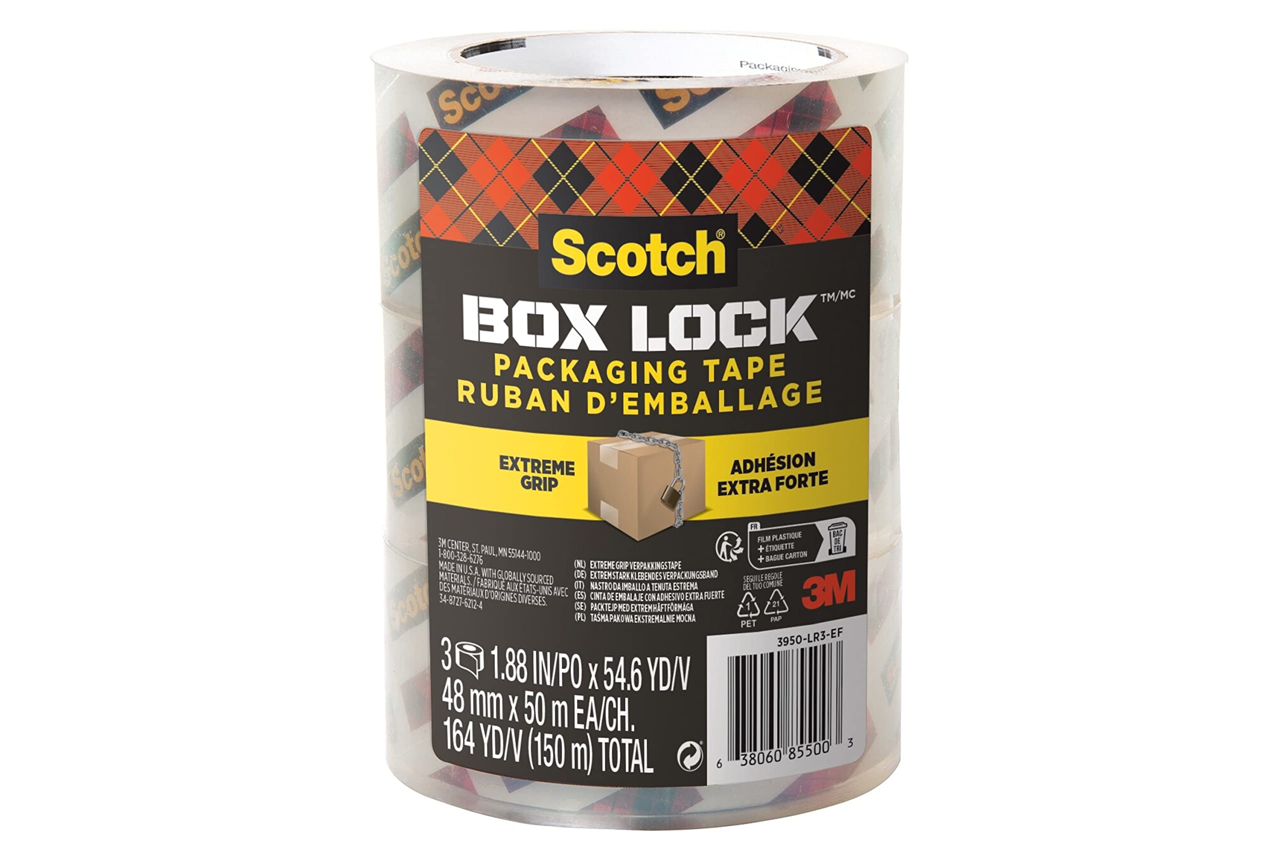 Scotch Box Lock Clear Packaging Tape, 48 mm x 50 m, 3 Rolls/Pack, Shipping and Mailing Tape, Strong Packing Tape
