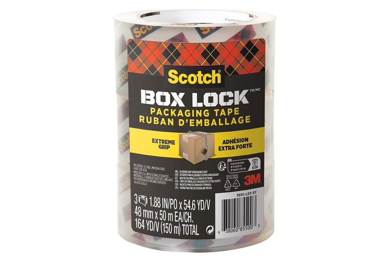 Scotch Box Lock Clear Packaging Tape, 48 mm x 50 m, 3 Rolls/Pack, Shipping and Mailing Tape, Strong Packing Tape