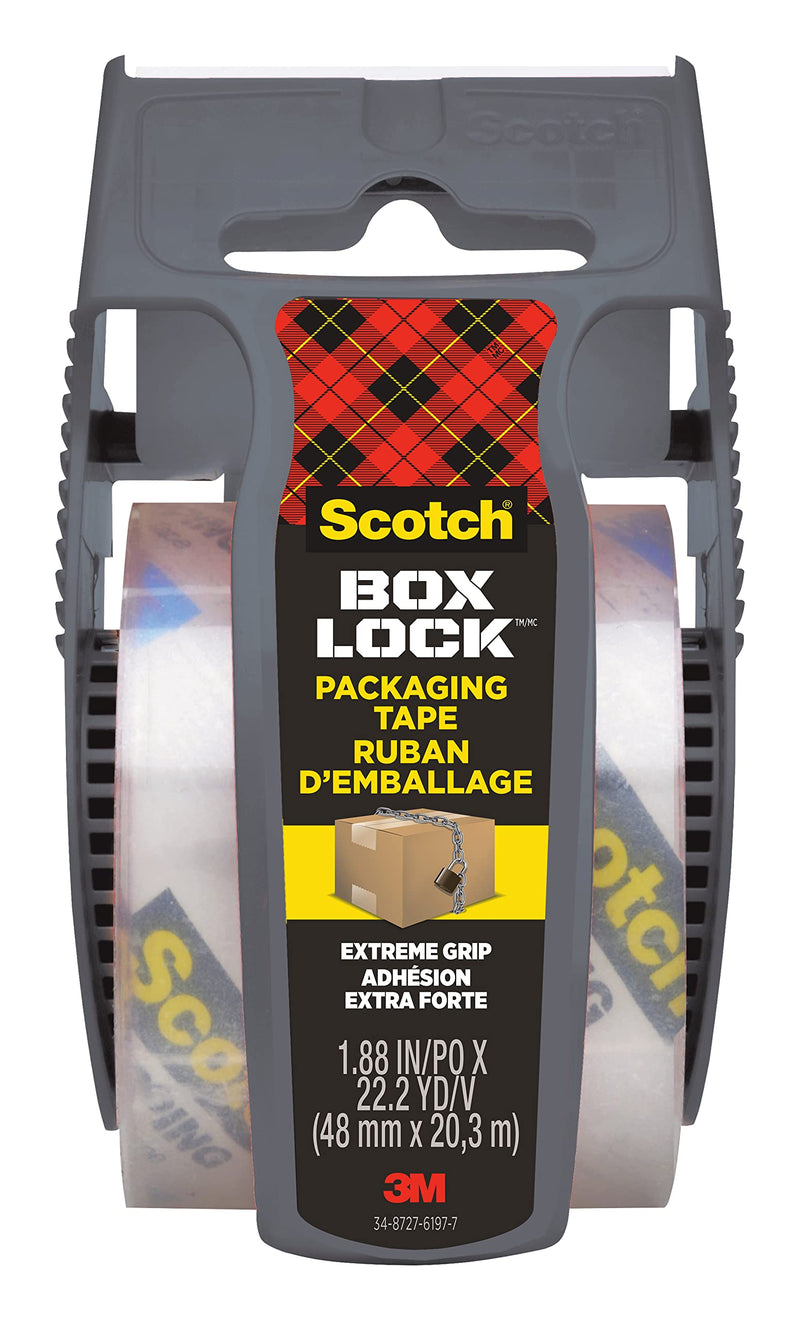 Scotch Box Lock Clear Packaging Tape, 48 mm x 20.3 m, 1 Roll with Dispenser, Shipping and Mailing Tape, Strong Packing Tape