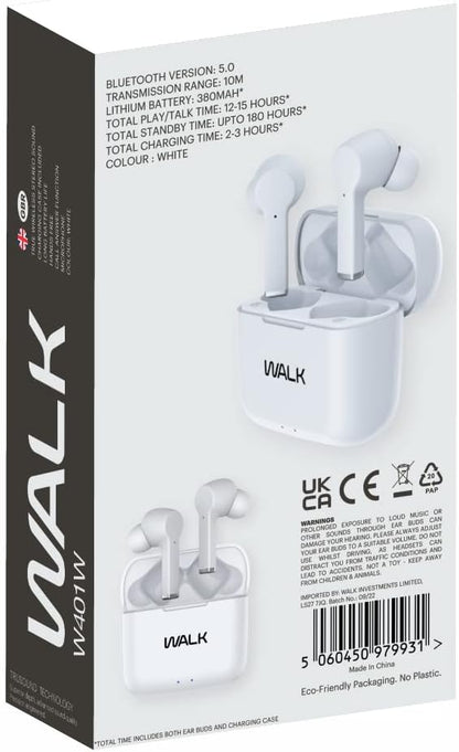 Walk Audio True Wireless Bluetooth Earphones TWS Earbuds With Charging Case (White