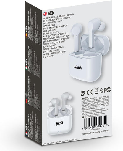 Walk Audio True Wireless Bluetooth Earphones TWS Earbuds With Charging Case (White
