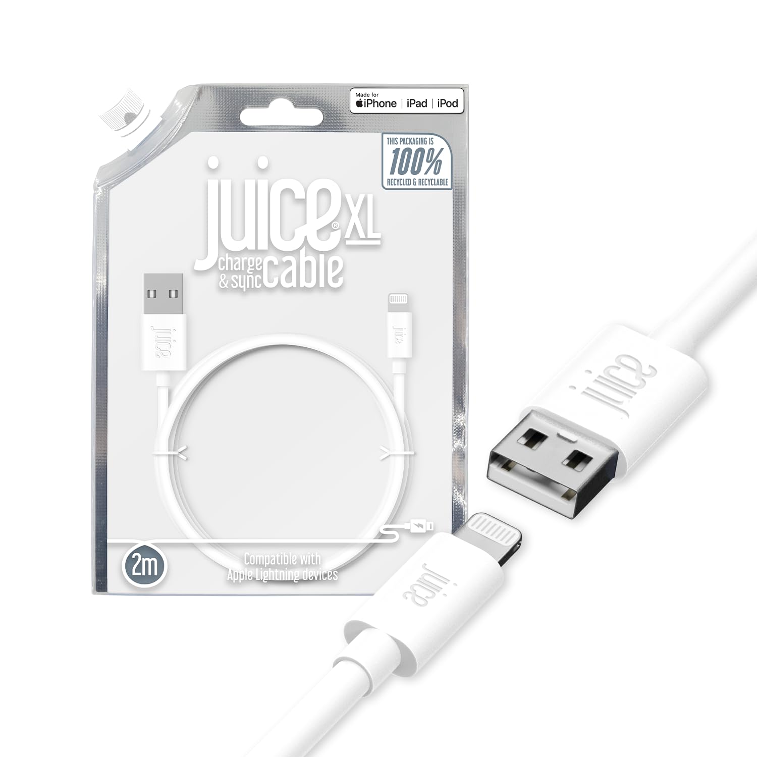 Juice Apple iPhone Lightning 2 m Charger and Sync Cable for Apple iPhone 13, 13 Pro, 12, 12 Mini, SE, 11, XS, XR, X, 8, 7, 6, 5, iPad, Pro, Air, Mini, Airpods Pro