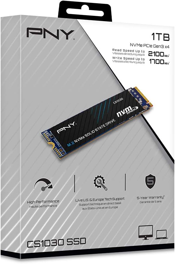 PNY CS1030 1TB M.2 NVMe PCIe Gen3 x4, 2100MB/s Read Speed, 1700MB/s Write Speed Internal Solid State Drive (SSD