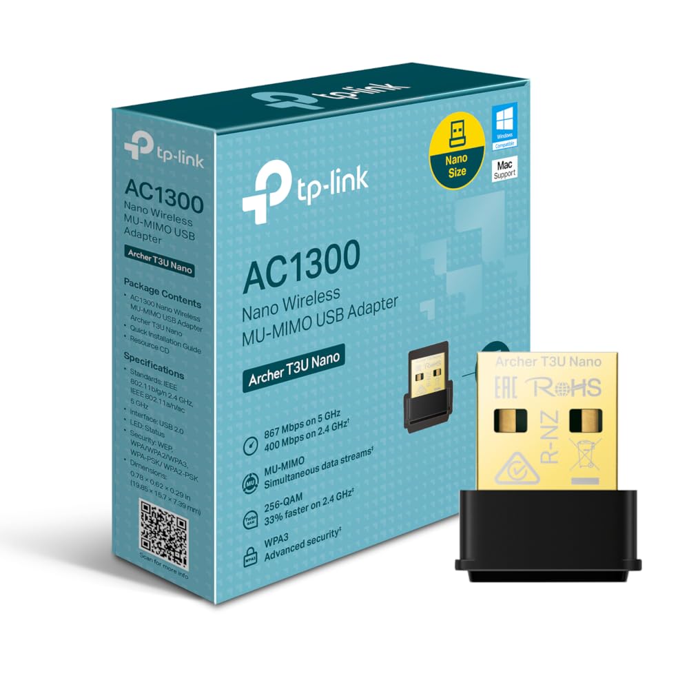 TP-Link AC1300 Nano Wireless MU-MIMO USB 2.0 Adapter, Dual-Band, Miniature Design, Supports Windows 10/8.1/8/7, Mac OS 10.15 and earlier, Highly Secure WPA3, Easy Setup (Archer T3U Nano