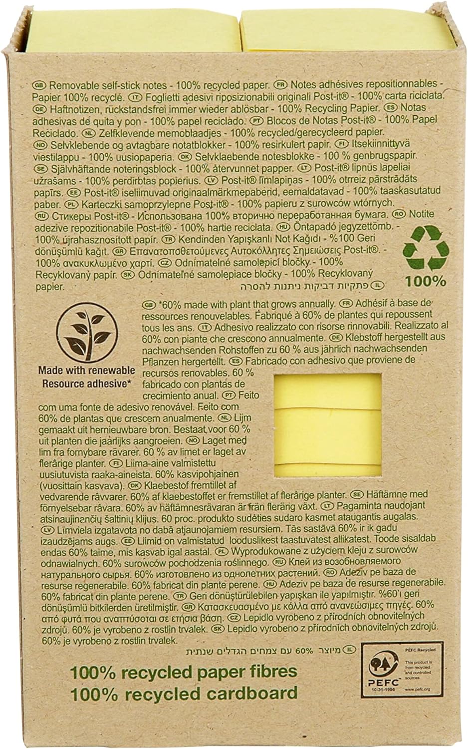 Post-it® Canary™ Yellow Recycled Notes - Tower Pack of 24 Pads - 38x51mm