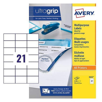 Avery 3652 self-adhesive Multipurpose/copier Labels, 21 labels per A4 Sheet, White (100 Sheets