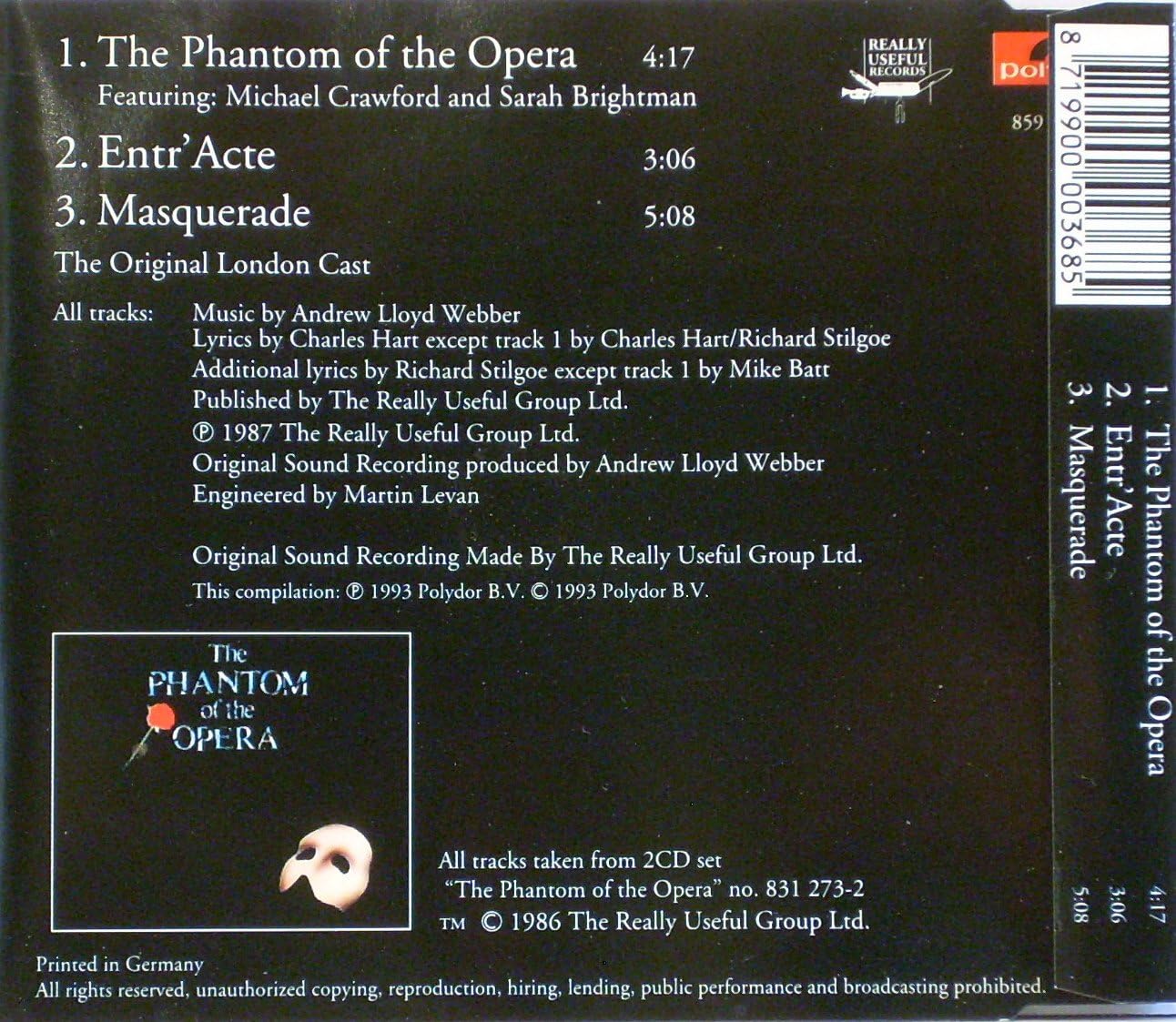 SARAH BRIGHTMAN & MICHAEL CRAWFORD. PHANTOM OF THE OPERA. IMPORT 3 TRACK CD SINGLE