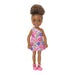 Barbie Chelsea Doll (Brunette Curly Hair) Wearing One-Shoulder Flower-Print Dress and Pink Shoes, Toy for Kids Ages 3 Years Old & Up