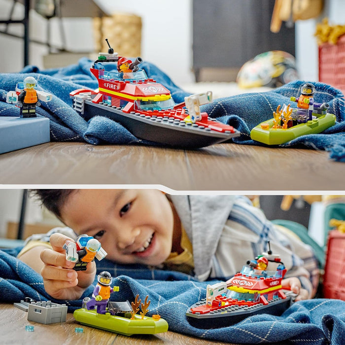 LEGO 60373 City Fire Rescue Boat Toy, Floats on Water, with Jetpack, Dinghy and 3 Minifigures, Everyday Hero Toys for Boys and Girls Aged 5+, Gift Idea