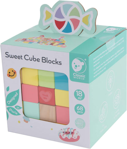 Classic World – 68 Piece Sweet Cube Wooden Building Blocks Set, Educational Toys for Kids, Sorting and Stacking Blocks for Kids 18 Months +