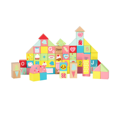 Classic World – 68 Piece Sweet Cube Wooden Building Blocks Set, Educational Toys for Kids, Sorting and Stacking Blocks for Kids 18 Months +