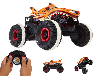 Hot Wheels Ferngesteuertes Auto Tiger Shark, Monstertruck, mit 'Terrain Stomp' Technologie für tierähnliche Bewegungen, Wheelie Modus für Drehen auf 2 Rädern, Spielzeug ab 4 Jahre, HGV87