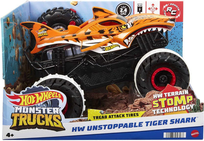 Hot Wheels Ferngesteuertes Auto Tiger Shark, Monstertruck, mit 'Terrain Stomp' Technologie für tierähnliche Bewegungen, Wheelie Modus für Drehen auf 2 Rädern, Spielzeug ab 4 Jahre, HGV87