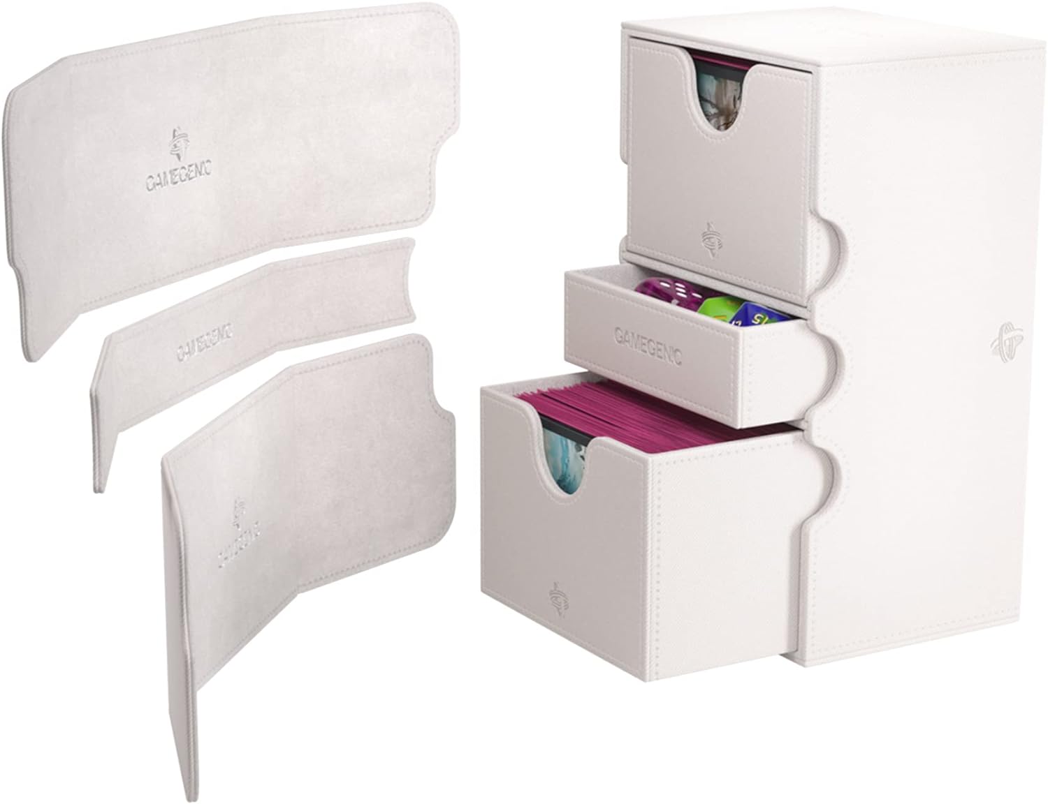 Stronghold 200+ XL Convertible Deck Box | Double-Sleeved | Card Game Protector with Accessories Drawer | Nexofyber Surface | Holds up to 200 Cards | White Color | Made by Gamegenic (GGS20122ML
