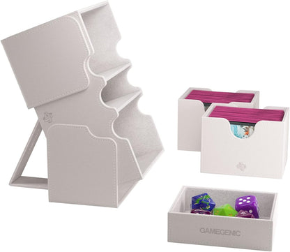 Stronghold 200+ XL Convertible Deck Box | Double-Sleeved | Card Game Protector with Accessories Drawer | Nexofyber Surface | Holds up to 200 Cards | White Color | Made by Gamegenic (GGS20122ML