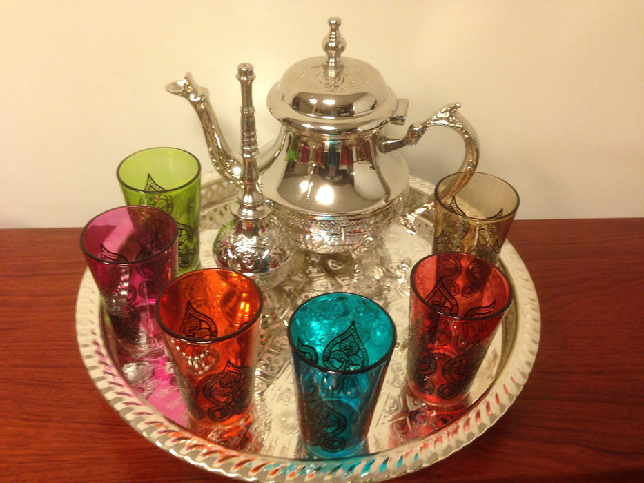 Teeservice Marokkanischer komplett von Fès mit Sinia, Teekanne, 6 Gläser und aspergeoir
