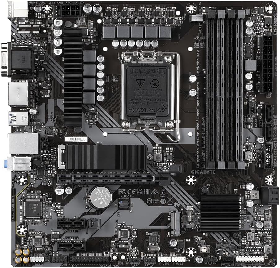 Gigabyte B760M DS3H DDR4 Motherboard - Supports Intel Core 14th Gen CPUs, 6+2+1 Phases Digital VRM, up to 5333MHz DDR4 (OC), 2xPCIe 4.0 M.2, 2.5GbE LAN, USB 3.2 Gen2