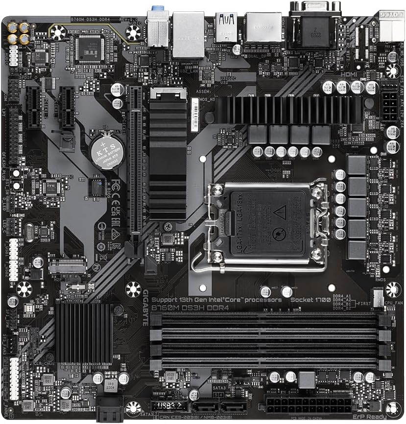 Gigabyte B760M DS3H DDR4 Motherboard - Supports Intel Core 14th Gen CPUs, 6+2+1 Phases Digital VRM, up to 5333MHz DDR4 (OC), 2xPCIe 4.0 M.2, 2.5GbE LAN, USB 3.2 Gen2