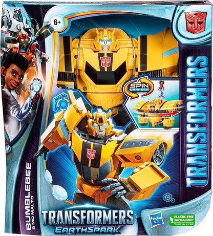 Transformers Figuras EarthSpark - Figura Cambiador de Giro Bumblebee de 20 cm con Figura de Mo Malto de 5 cm - A Partir de 6 años