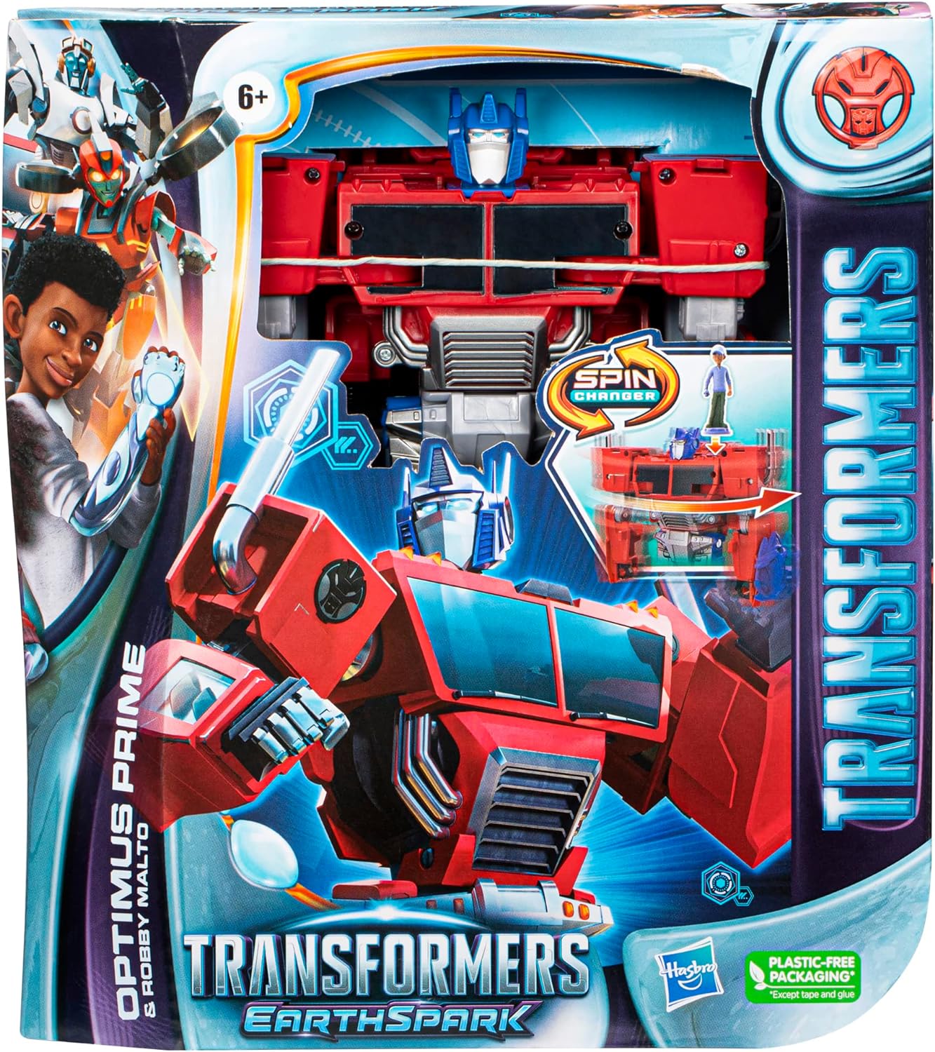 TRANSFORMERS F7663 Toys EarthSpark Spin Changer, Multicolor, Optimus Prime 20 cm Action Figure with Robby Malto 5 cm Figure, for Ages 6 and Up