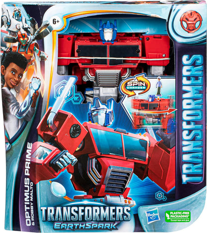 TRANSFORMERS F7663 Toys EarthSpark Spin Changer, Multicolor, Optimus Prime 20 cm Action Figure with Robby Malto 5 cm Figure, for Ages 6 and Up