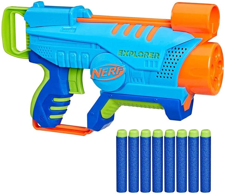 Nerf Elite Jr Explorer Easy-Play Toy Blaster, Easy Hold & Load & Blast, 8 Nerf Elite Darts, For 6 Year Old Boys & Girls