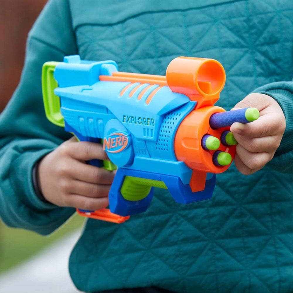 Nerf Elite Jr Explorer Easy-Play Toy Blaster, Easy Hold & Load & Blast, 8 Nerf Elite Darts, For 6 Year Old Boys & Girls