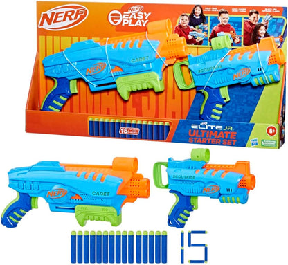 Nerf Elite Jr Ultimate Starter Set, 2 Easy Play Toy Foam Blasters, 15 Nerf Elite Darts, 2 Targets & Elite 2.0 Commander RD-6 Blaster, 12 Official Darts, 6-Dart Rotating Drum, Tactical Rails + Commander RD-6 Blaster