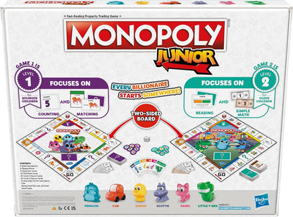 Monopoly Junior Board Game, 2-Sided Gameboard, 2 Games in 1, Monopoly Game for Younger Children; Kids Games, Junior Games