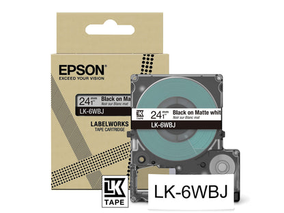 Epson Etikettenkassette, mattes Beschriftungsband LK-6WBJ schwarz auf weiß, langlebiges Band für Epson LabelWorks Etikettendrucker, wasser- & verschleißfest, 8 m x 24 mm