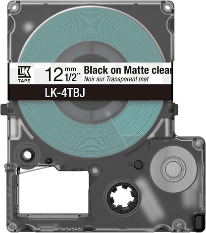 Epson Etikettenkassette, mattes Beschriftungsband LK-4TBJ schwarz auf transparent, langlebiges Band für Epson LabelWorks Etikettendrucker, wasser- & verschleißfest, 8 m x 12 mm
