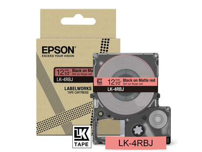 Epson Etikettenkassette, mattes Beschriftungsband LK-4RBJ schwarz auf rot, langlebiges Band für Epson LabelWorks Etikettendrucker, wasser- & verschleißfest, 8 m x 12 mm