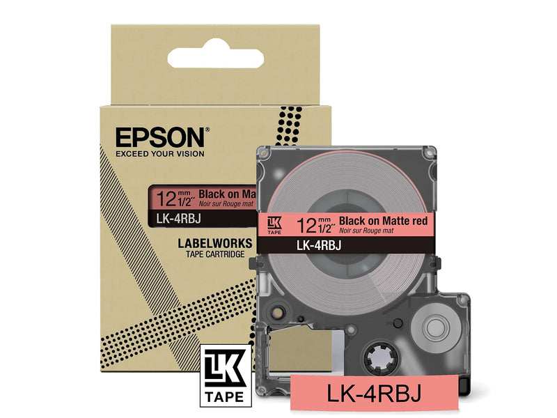 Epson Etikettenkassette, mattes Beschriftungsband LK-4RBJ schwarz auf rot, langlebiges Band für Epson LabelWorks Etikettendrucker, wasser- & verschleißfest, 8 m x 12 mm