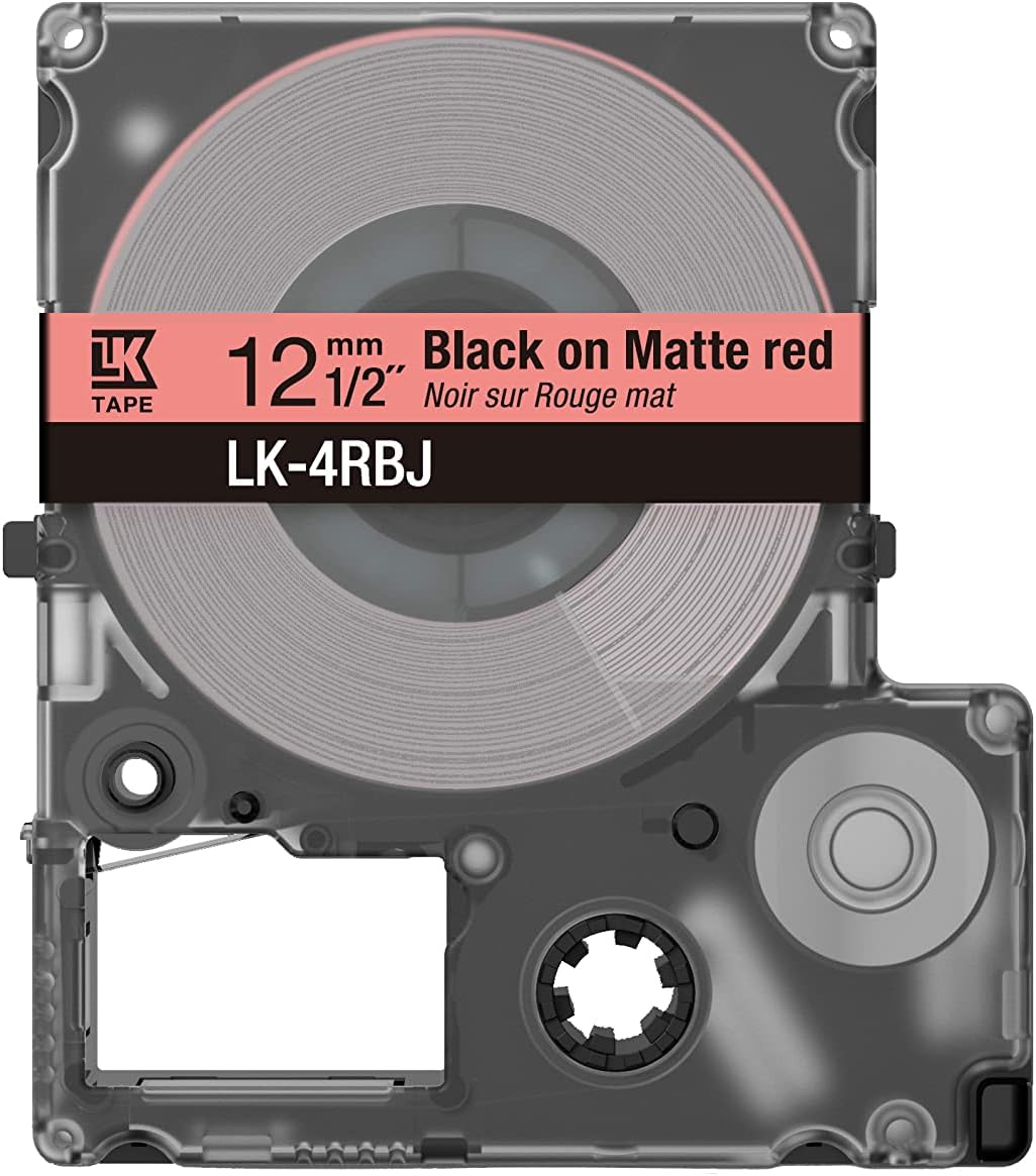 Epson Etikettenkassette, mattes Beschriftungsband LK-4RBJ schwarz auf rot, langlebiges Band für Epson LabelWorks Etikettendrucker, wasser- & verschleißfest, 8 m x 12 mm
