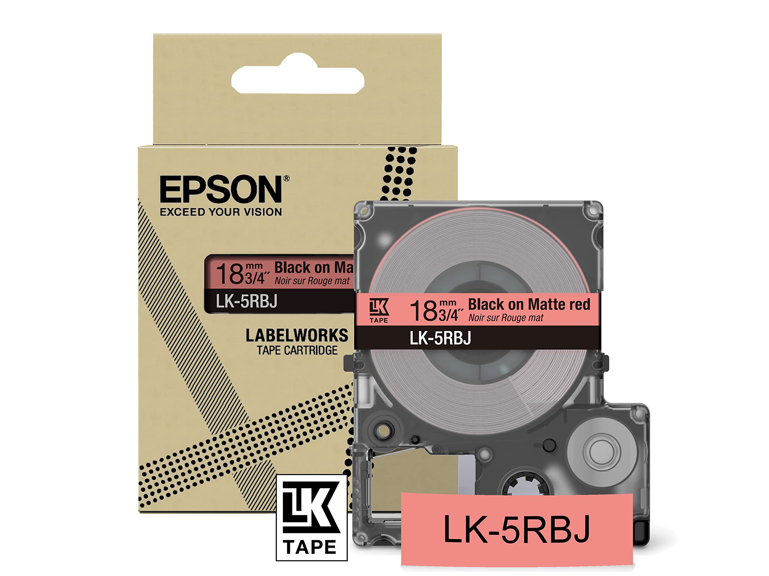 Epson Etikettenkassette, mattes Beschriftungsband LK-5RBJ schwarz auf rot, langlebiges Band für Epson LabelWorks Etikettendrucker, wasser- & verschleißfest, 8 m x 18 mm