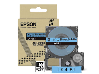 Epson Etikettenkassette, mattes Beschriftungsband LK-4LBJ schwarz auf blau, langlebiges Band für Epson LabelWorks Etikettendrucker, wasser- & verschleißfest, 8 m x 12 mm