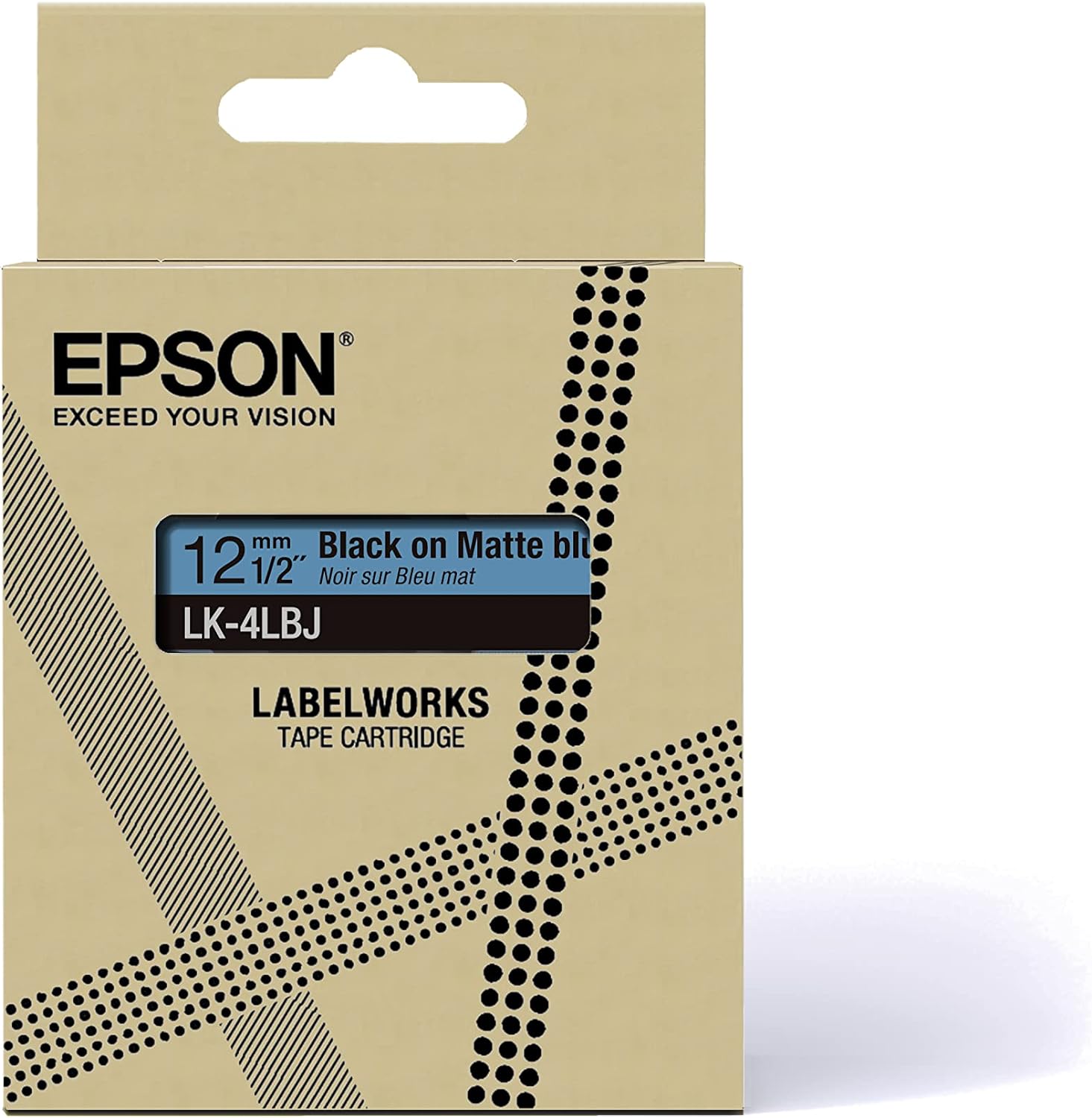 Epson Etikettenkassette, mattes Beschriftungsband LK-4LBJ schwarz auf blau, langlebiges Band für Epson LabelWorks Etikettendrucker, wasser- & verschleißfest, 8 m x 12 mm