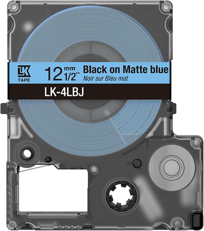 Epson Etikettenkassette, mattes Beschriftungsband LK-4LBJ schwarz auf blau, langlebiges Band für Epson LabelWorks Etikettendrucker, wasser- & verschleißfest, 8 m x 12 mm