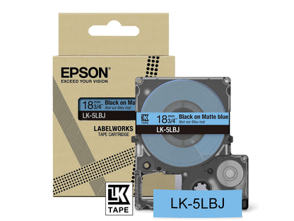 Epson Etikettenkassette, mattes Beschriftungsband LK-5LBJ schwarz auf blau, langlebiges Band für Epson LabelWorks Etikettendrucker, wasser- & verschleißfest, 8 m x 18 mm