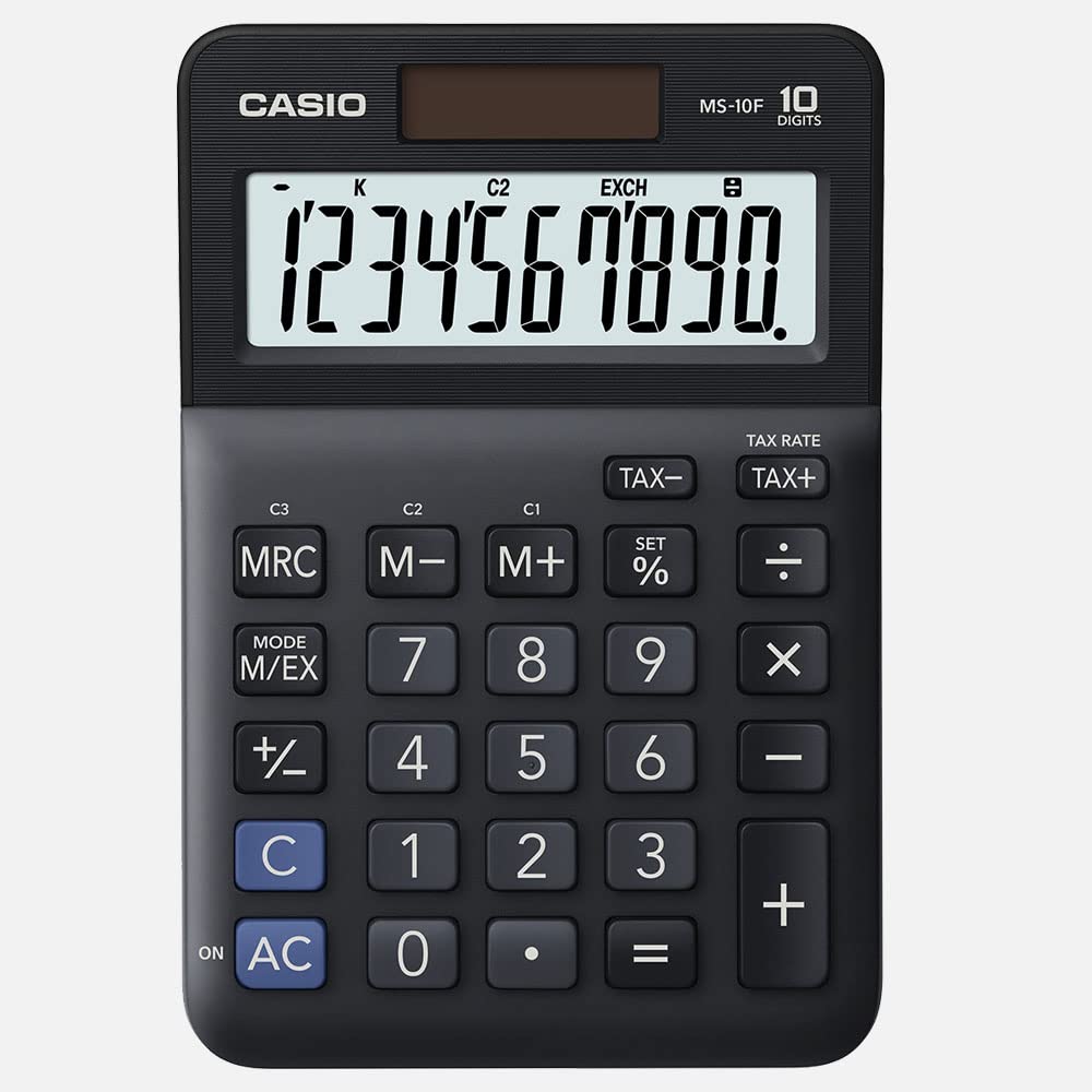 Casio Tischrechner MS-10F, 10-stellig, Steuerberechnung, Währungsumrechnung, Vorzeichenwechsel, Solar/Batteriebetrieb
