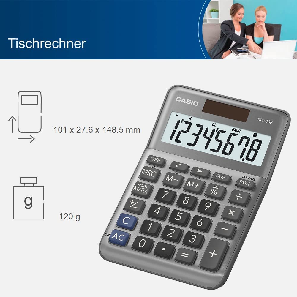 CASIO MS-80F Desk Calculator 8-Digit, Metal Front, Tax, Currency