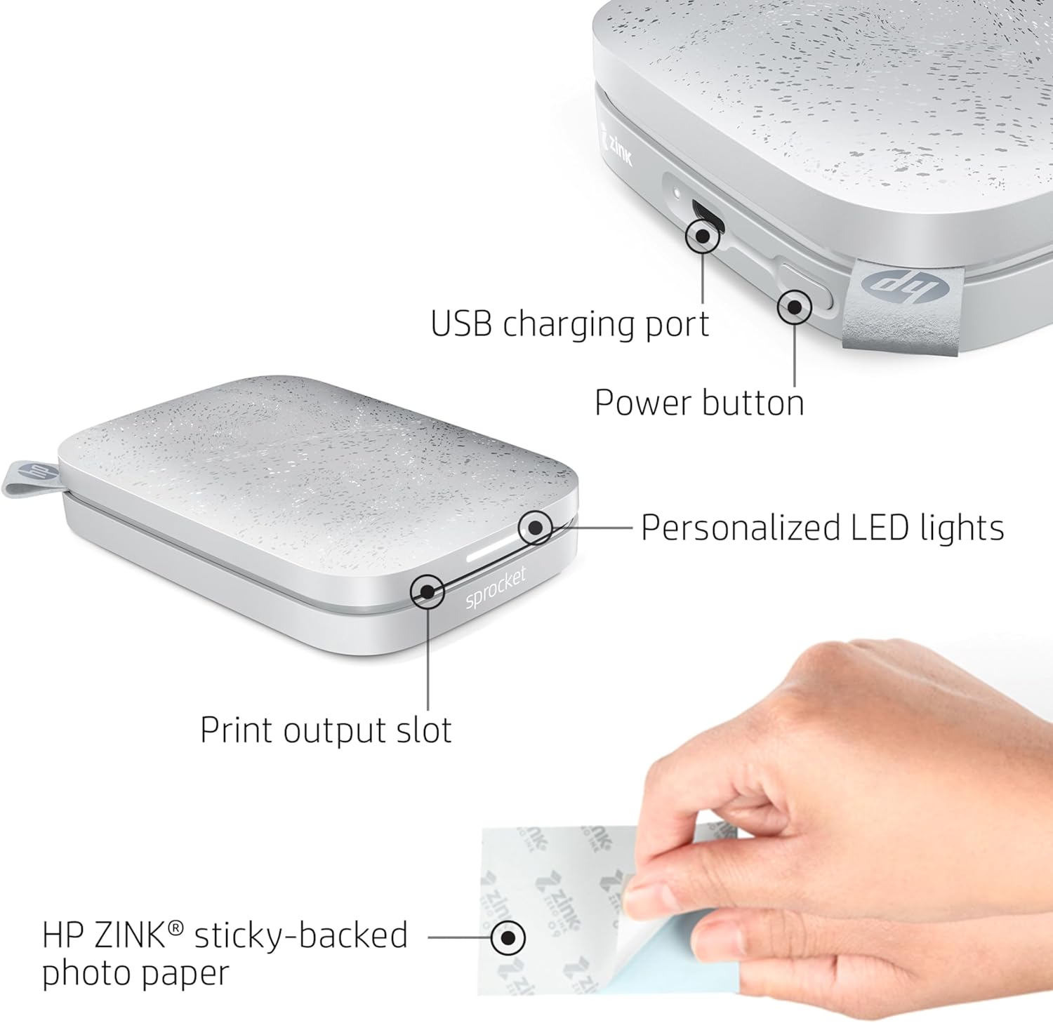 HP HPISPW Sprocket Portable Photo Printer (Luna Pearl) Instantly Prints ZINK 2 x 3 Inch Sticky-Backed Photos from your iOS and Android Device