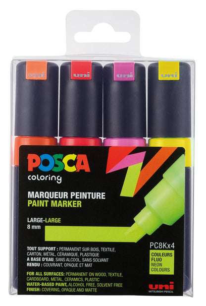uni-ball 182605 - POSCA Marker mit breiter Keilspitze, 4er Set, neon 4er Set - Neonfarben