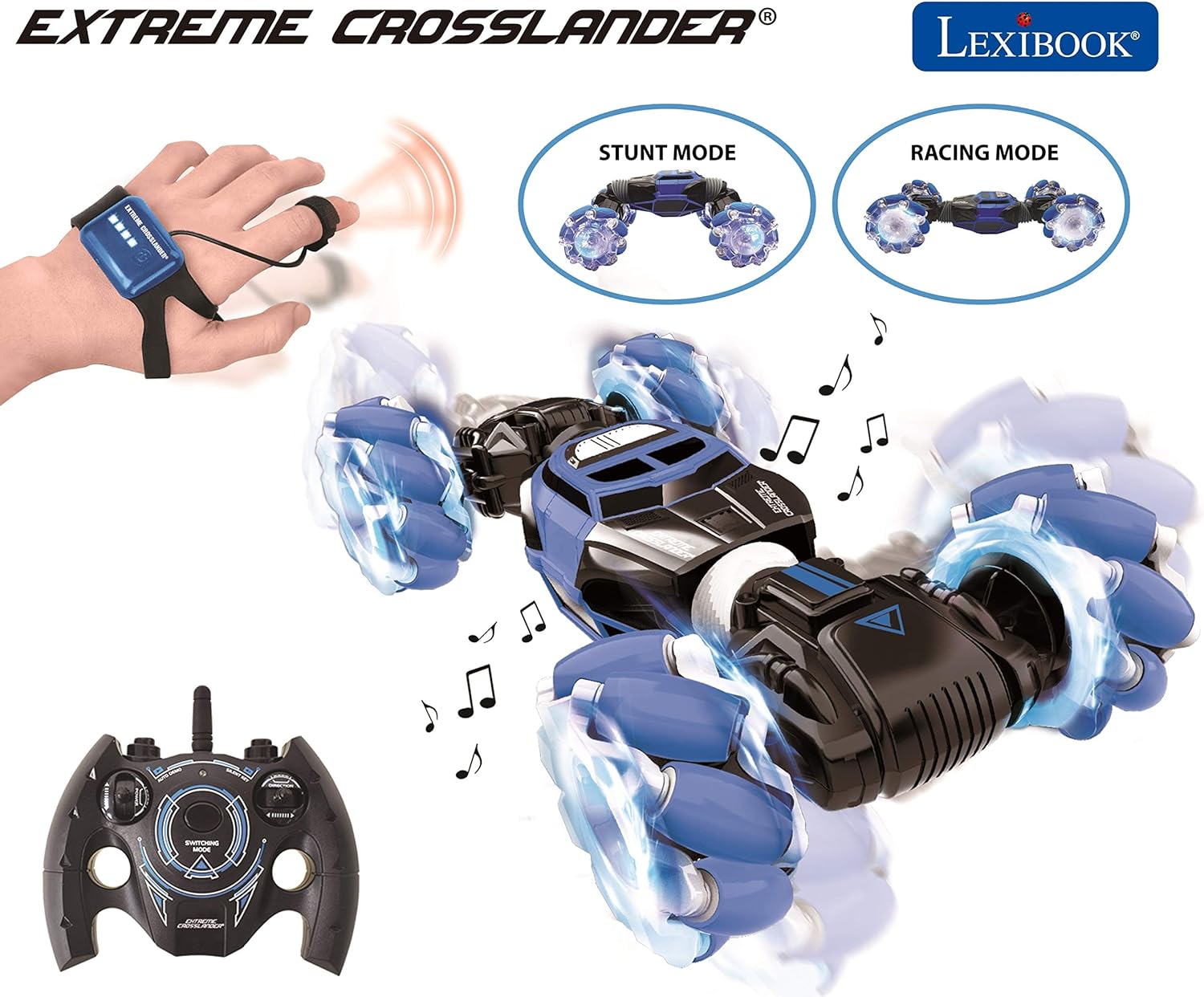 Lexibook, Extreme Crosslander, Voiture télécommandée Tout-Terrain, jusqu'à 12km/h, Effets Lumineux, télécommande & Bracelet de contrôle gestuel Inclus, Musique, Rechargeable