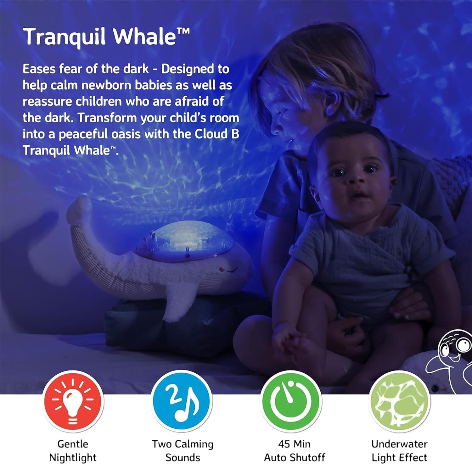 CLOUD B Ocean Projector Nightlight with White Noise Soothing Sounds | Adjustable Settings and Auto-Shutoff | Tranquil Whale™ Family - White